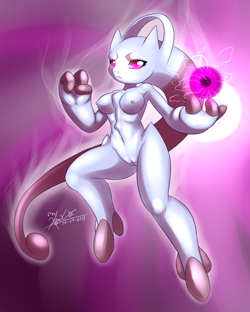 3_fingers 3_toes anthro breasts female head_tail hindpaw legendary_pok&#233;mon looking_at_viewer mega_evolution mega_mewtwo_y mewtwo mnxenx001 navel nintendo nipples nude paws pink_background pink_eyes plain_background pok&#233;mon pok&#233;morph pok&eacute;mon pok&eacute;morph purple_background purple_skin pussy solo standing thighs video_games white_skin