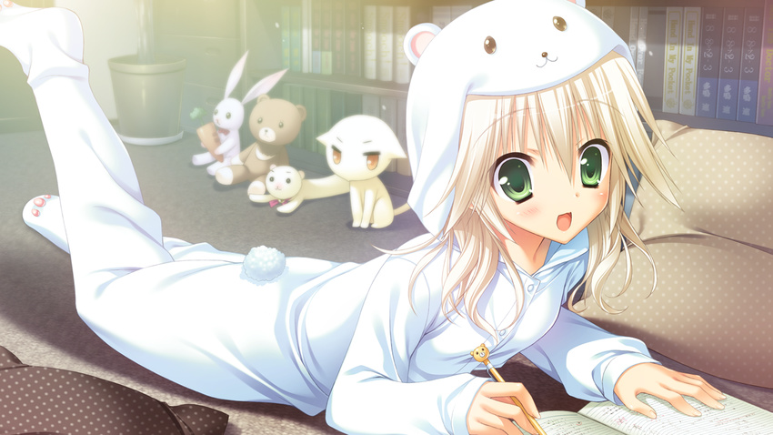 blonde_hair book game_cg hatsuyuki_sakura hontani_kanae pajamas saga_planets shirokuma teddy_bear