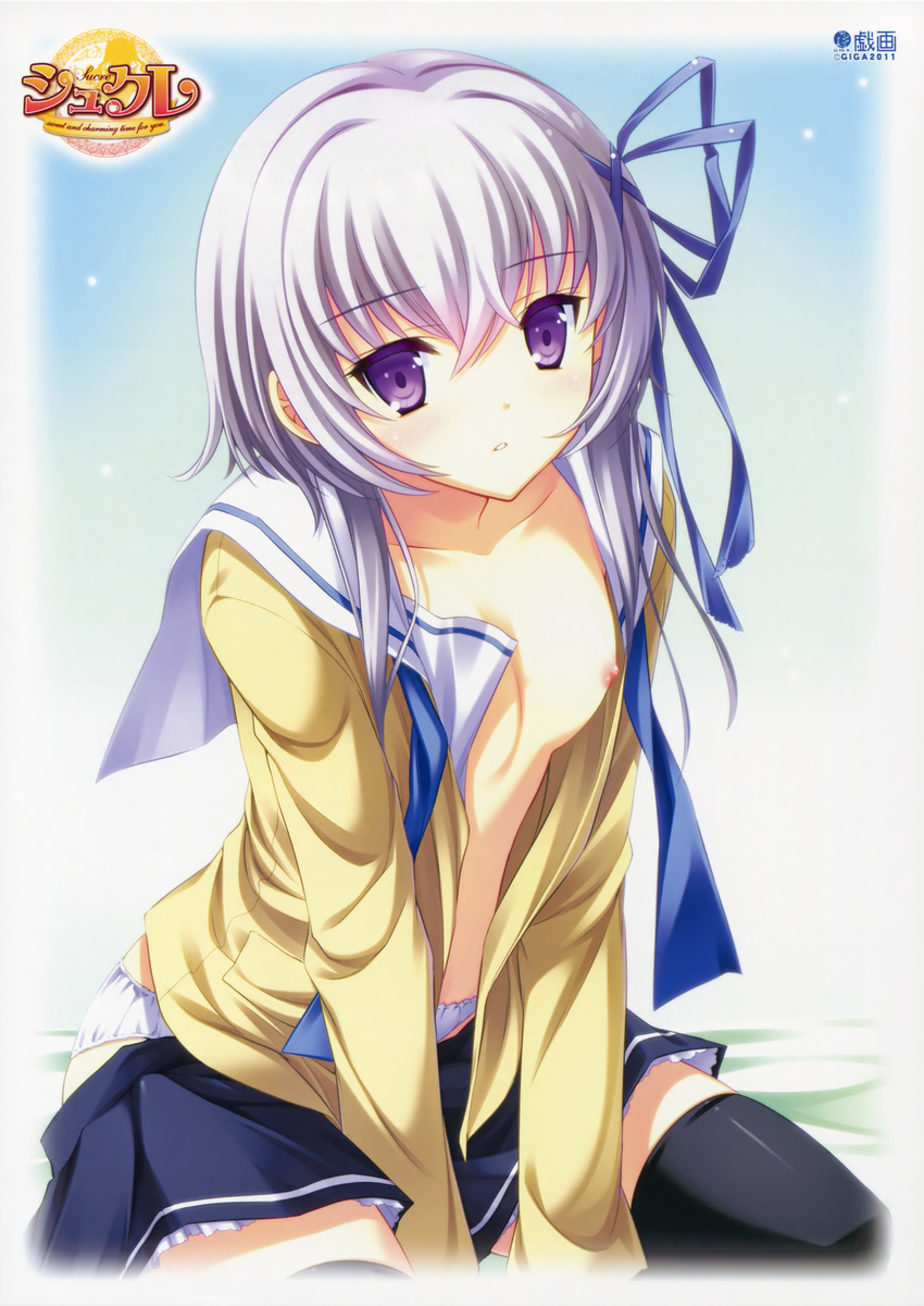 absurdres collarbone flat_chest hair_ribbon highres ibaragi_ai looking_at_viewer md5_mismatch nipples no_bra open_clothes open_shirt panties purple_eyes purple_hair ribbon school_uniform shirahane_nao shirt sitting skirt skirt_lift skirt_pull sucre thighhighs underwear wariza white_panties