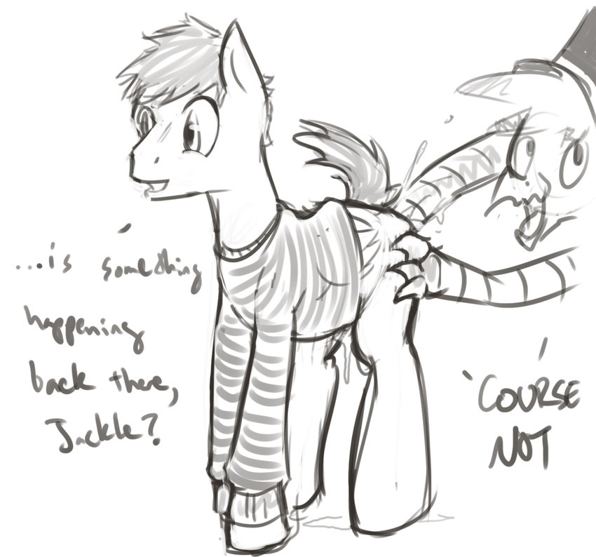 anal anal_fisting avian beak cum dialog dovne english_text equine feral fisting friendship_is_magic gay gryphon hat hooves horse interspecies jackle_app_(character) male mammal messy monochrome my_little_pony open_mouth pegasus pony sweater text umber wings
