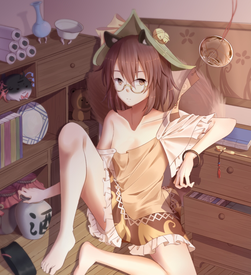 1girl animal_ear_fluff animal_ears asymmetrical_wings bangle bangs bare_shoulders barefoot bell bloomers blue_wings book bow bracelet brown_eyes brown_hair brown_shirt brown_skirt collarbone commentary_request drawer eyebrows_visible_through_hair flat_chest frilled_sleeves frills futatsuiwa_mamizou glasses green_hat hair_between_eyes hakutaku hat hat_bell hat_bow highres houjuu_nue indoors jar jewelry jingle_bell kiseru knee_up looking_at_viewer miniskirt minuo off_shoulder pipe raccoon_ears raccoon_tail red_bow red_wings round_eyewear scroll shadow shirt short_hair short_sleeves sitting skirt solo stuffed_animal stuffed_raccoon stuffed_toy tail thighs touhou translation_request underwear white_bloomers wind_chime wings wooden_floor yellow-framed_eyewear yellow_bow