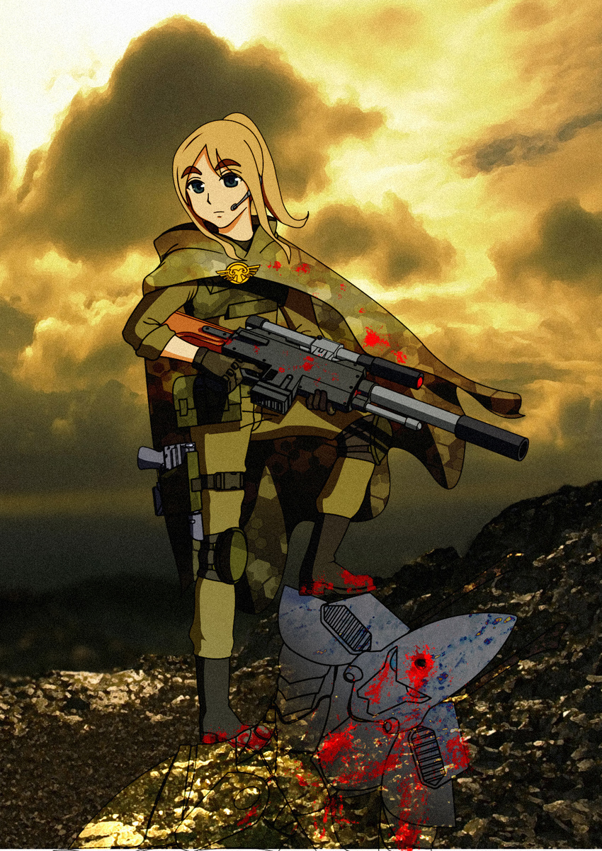 blood blue_eyes brown_hair bullet_hole cloak cloud crossover eldar eyebrows gun headset headshot highres holster imperial_guard k-on! knee_pads kotobuki_tsumugi laspistol muki_(unknownid) ponytail rifle scope sniper_rifle thick_eyebrows thigh_holster trigger_discipline warhammer_40k weapon