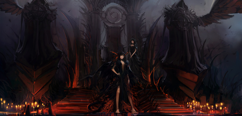 bad_id bad_pixiv_id barefoot black_hair blueman candle center_opening copyright_request demon_girl demon_wings hand_on_hip hands_together highres horns multiple_girls no_bra sleeveless stairs standing tail tartarus throne v_arms wings yellow_eyes