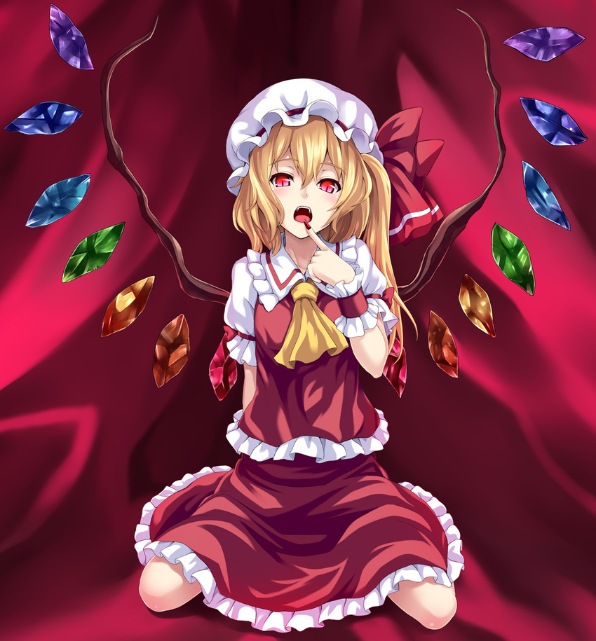 ascot asu_hare bad_id bad_pixiv_id blonde_hair finger_to_mouth flandre_scarlet hat highres long_hair open_mouth red_eyes side_ponytail skirt skirt_set slit_pupils solo touhou wings wrist_cuffs