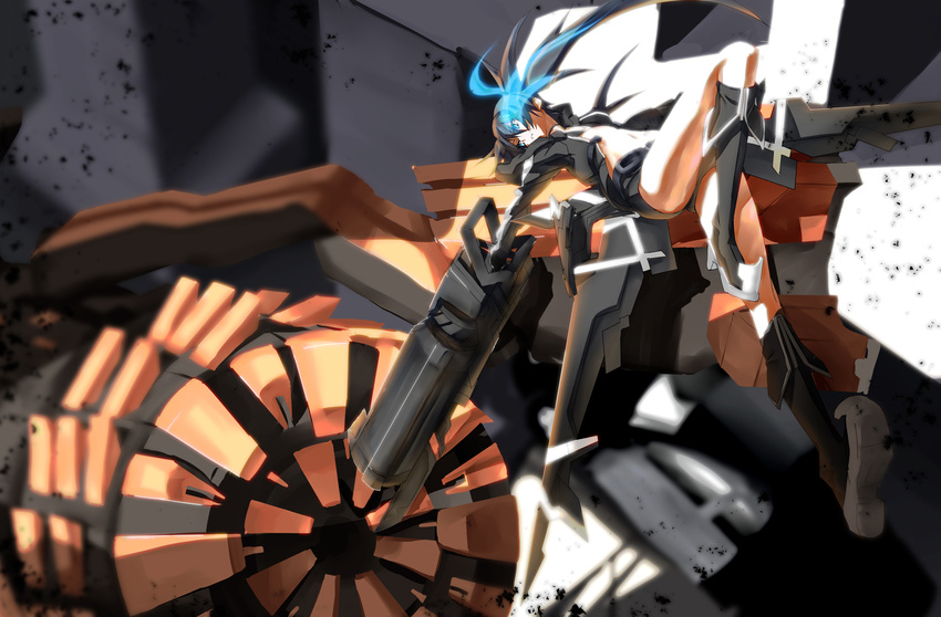 bikini_top black_hair black_rock_shooter black_rock_shooter_(character) black_rock_shooter_(game) blue_eyes boots burning_eye glowing highres jumping long_hair mecha midriff navel rock_cannon shorts solo tsuuhan twintails weapon