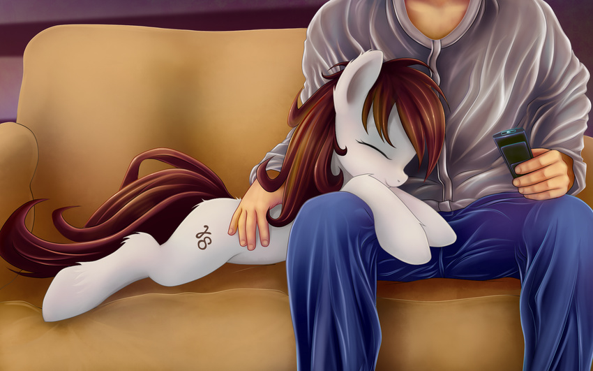 clothing cutie_mark equine eyes_closed female feral friendship_is_magic fuzzy gammadelta hair horse human lying mammal my_little_pony original_character pants pet petting pony rainbow_(artist) remote_control shirt sofa white_body