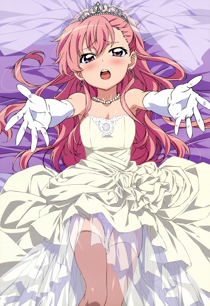 :o absurdres blush carry_me dress elbow_gloves gloves highres jewelry legs long_hair louise_francoise_le_blanc_de_la_valliere lying non-web_source nyantype ochiai_hitomi official_art on_back open_mouth outstretched_arms panties pink_eyes pink_hair ring scan spoilers tears thighhighs thighs tiara underwear veil very_long_hair wedding_dress zero_no_tsukaima