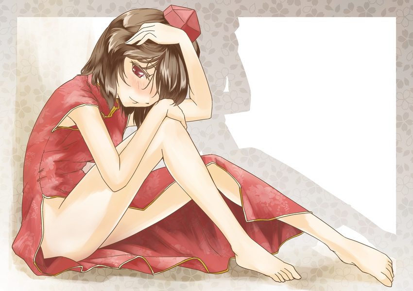 abo_(hechouchou) alternate_costume bare_legs barefoot blush brown_hair china_dress chinese_clothes dress hair_over_one_eye hand_on_own_head hat looking_at_viewer no_panties red_eyes shameimaru_aya short_hair side_slit silhouette sitting smile solo tokin_hat touhou