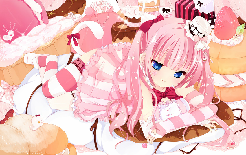 animal_ears bad_id bad_pixiv_id bell blue_eyes blush bow bridal_gauntlets cat_ears cat_tail dress food hair_bell hair_bow hair_ornament hat heart heart-shaped_pupils highres long_hair looking_at_viewer lying original pink_hair ribbon sakuragi_yuzuki smile solo sparkle striped striped_dress striped_legwear symbol-shaped_pupils tail tail_ribbon thighhighs twintails