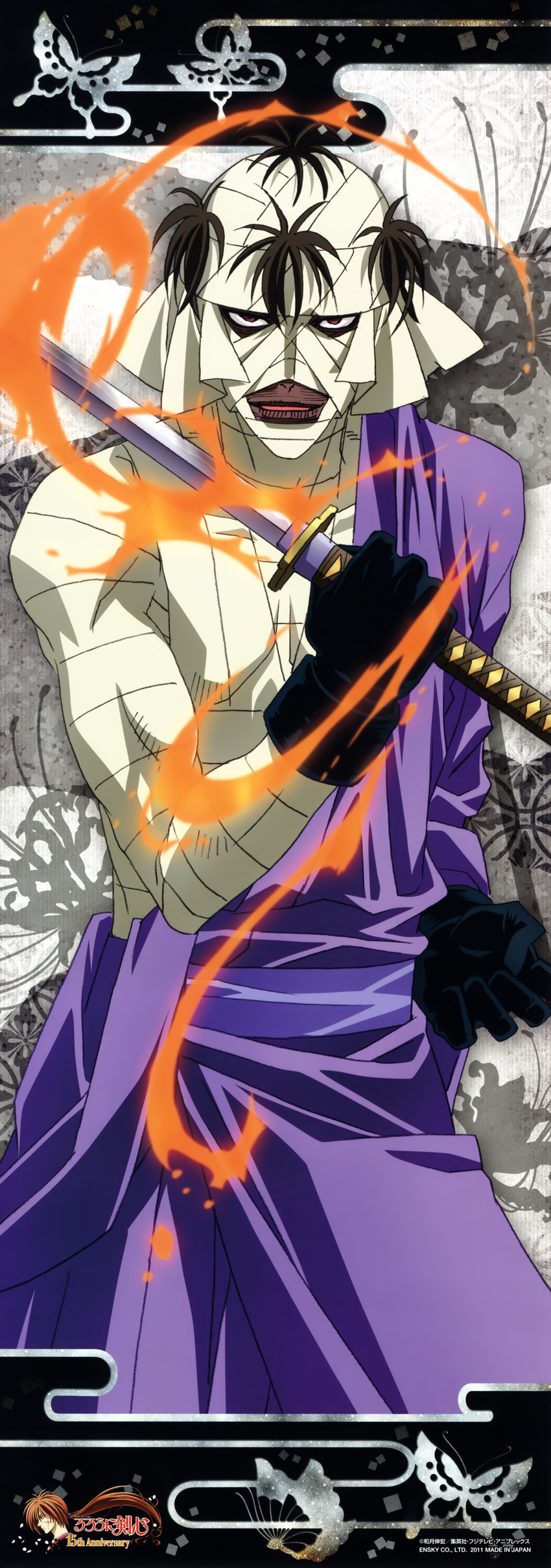 1boy absurdres bandage highres huge_filesize incredibly_absurdres long_image male male_focus rurouni_kenshin shishio_makoto stick_poster sword tall_image weapon