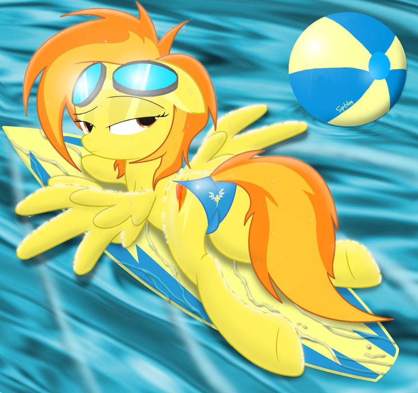 beach bikini butt clothed clothing cutie_mark ear equine female feral friendship_is_magic hair hooves horse looking_at_viewer mammal multi-colored_hair my_little_pony outside pegasus pony presenting seaside seductive skimpy solo spitfire_(mlp) spitshy swimsuit tight_clothing water wings wonderbolts_(mlp)