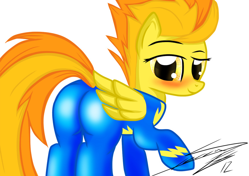 back_turned blush butt ear equine female feral friendship_is_magic hair hooves horse looking_at_viewer mammal multi-colored_hair my_little_pony pegasus pony presenting sierraex skinsuit smile solo spitfire_(mlp) wings wonderbolts_(mlp)