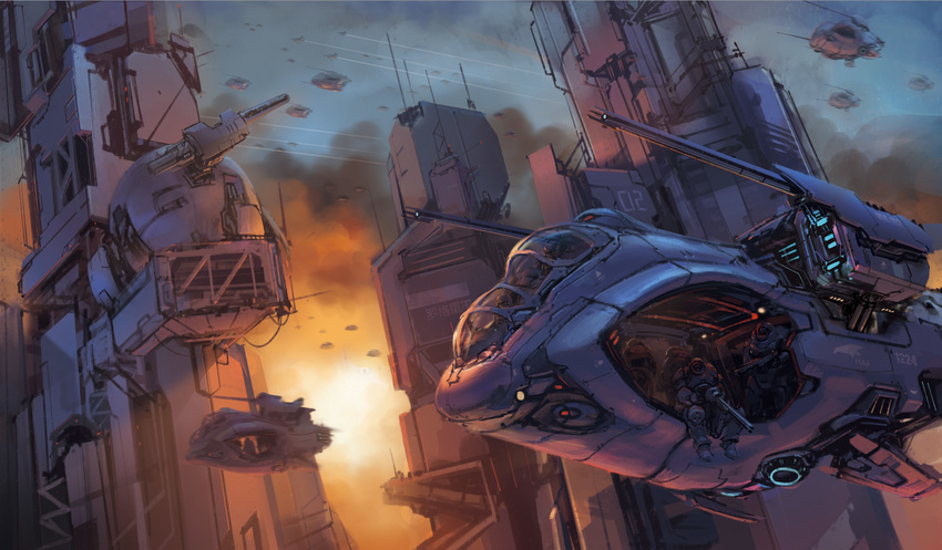 aircraft armor bad_id bad_pixiv_id building cannon city condensation_trail cyberpunk dust_cloud flying glowing gun gunship highres mecha military multiple_boys original power_armor power_suit prog_wang science_fiction sky soldier space_craft turret weapon