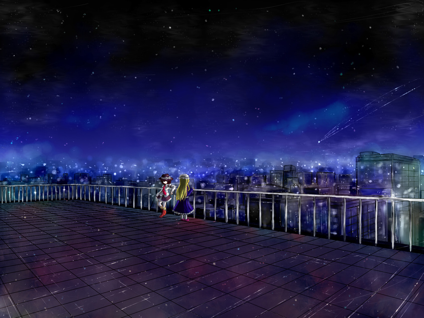 bad_id bad_pixiv_id blonde_hair blue_eyes brown_hair city falling_star fushigi_ebi hat hat_ribbon highres long_hair maribel_hearn multiple_girls necktie ribbon skirt sky star_(sky) starry_sky touhou usami_renko