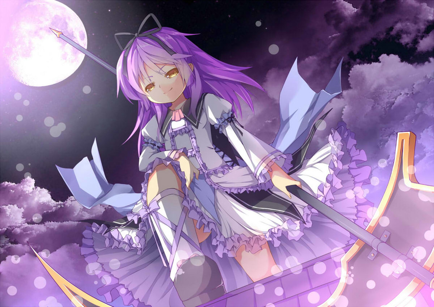 ascot dress eiyuu_densetsu frills from_below full_moon holding holding_scythe light_particles moon purple purple_background purple_hair purple_moon renne saru scythe short_hair smile solo sora_no_kiseki yellow_eyes