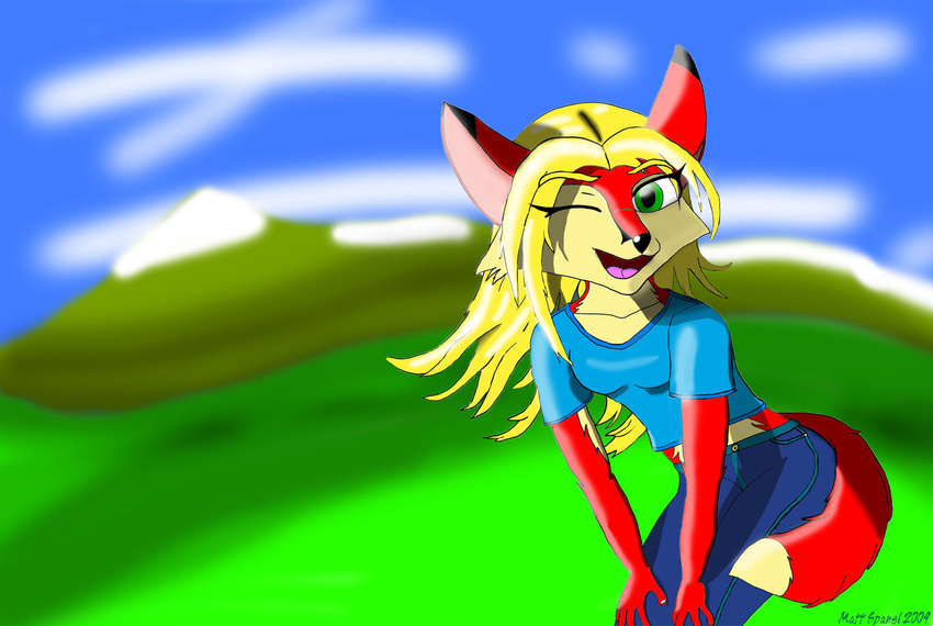 anthro blonde_hair canine female fox hair happy mammal matthew_spanel one_eye_closed outside solo wink xell0ss