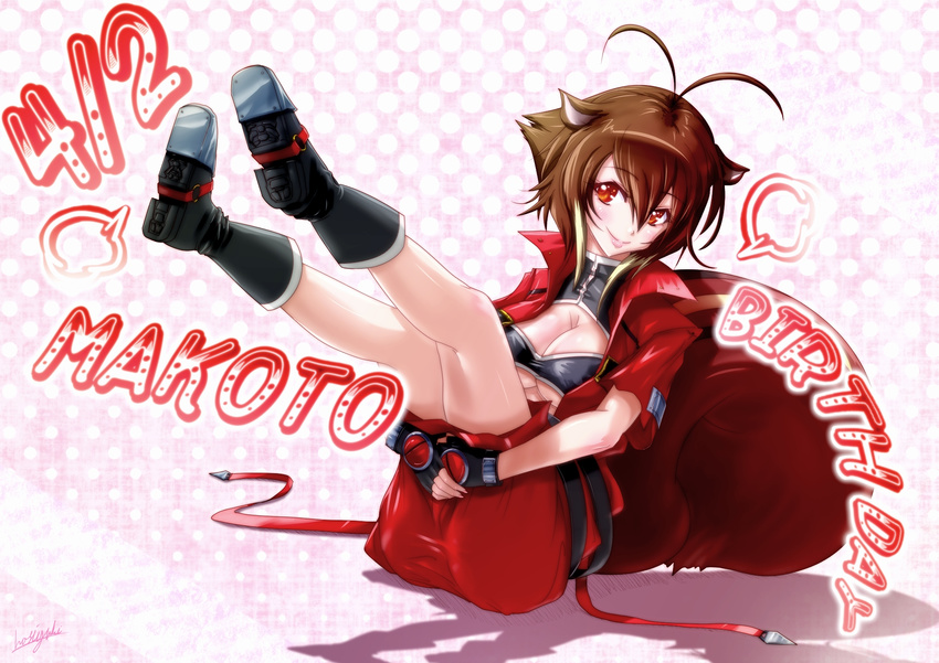 animal_ears antenna_hair ass belt birthday blazblue blush boots breasts brown_hair character_name cleavage cleavage_cutout cosplay cropped_jacket fingerless_gloves gloves happy_birthday high_collar highres hoshiyuki_aruru jacket large_breasts makoto_nanaya ragna_the_bloodedge ragna_the_bloodedge_(cosplay) red_eyes short_hair sitting skirt smile solo squirrel_ears squirrel_tail tail