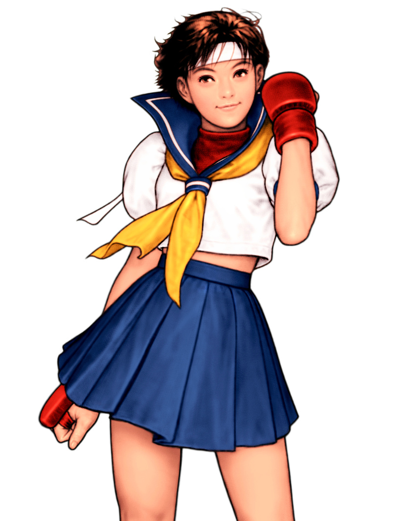 blue_sailor_collar brown_eyes brown_hair capcom_vs_snk_2 fingerless_gloves gloves headband highres kasugano_sakura legs looking_at_viewer mori_toshiaki neckerchief official_art sailor_collar sailor_crest school_uniform serafuku shirt short_hair simple_background skirt smile solo standing street_fighter street_fighter_zero_(series) white_background