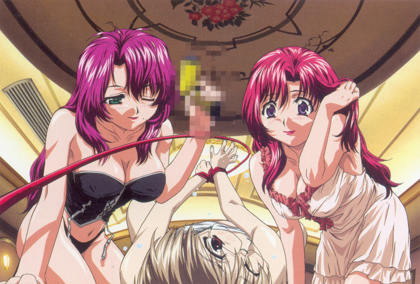 age_difference brown_hair censored glasses highres kazami_hatsuho kazami_mizuho milf mother_and_daughter onegai_teacher purple_eyes purple_hair red_hair scan scan_artifacts wink