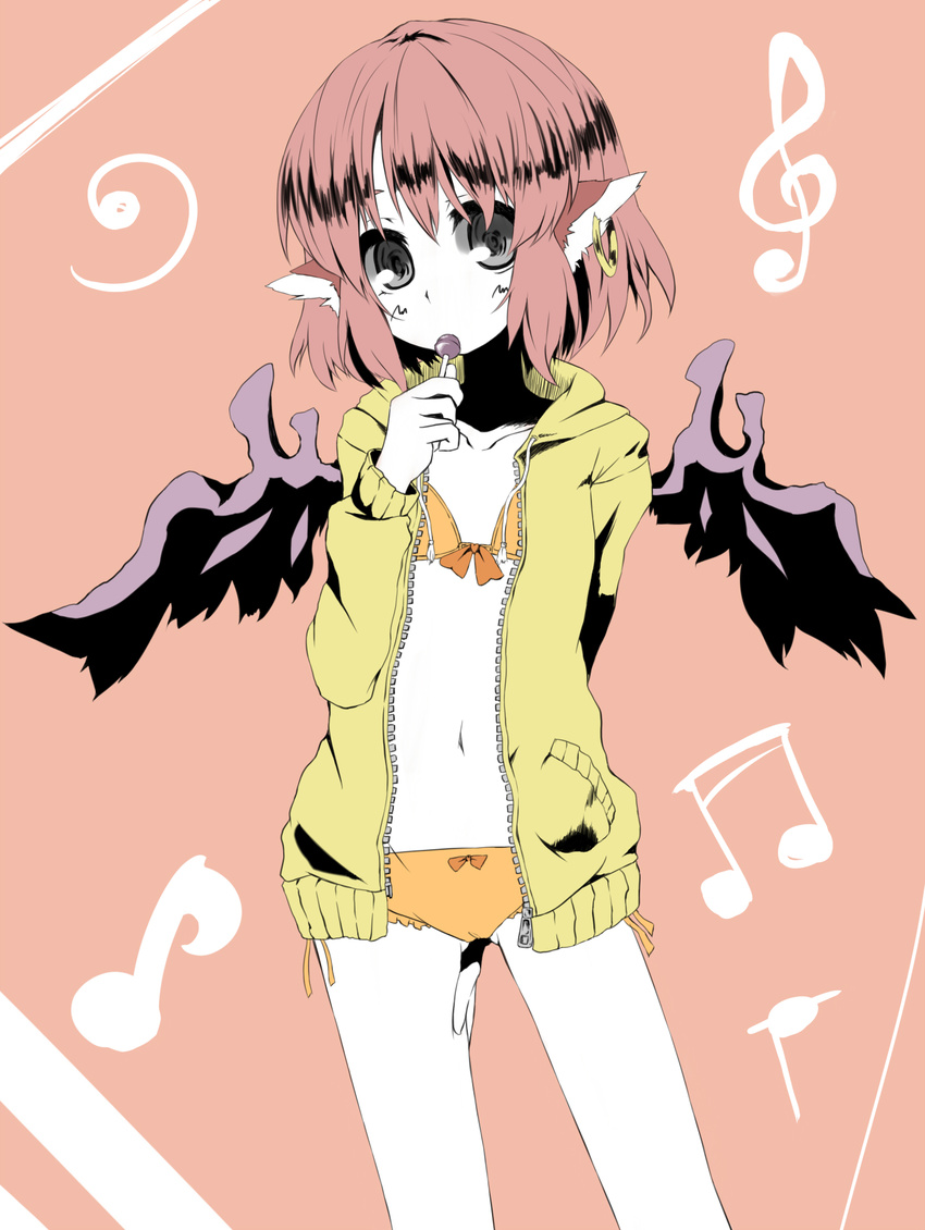 animal_ears bad_id bad_pixiv_id bikini candy casual contemporary earrings food grey_eyes hand_on_thigh highres hood hoodie jewelry lollipop musical_note mystia_lorelei navel no_hat no_headwear pale_skin pink_hair revision short_hair silver_eyes sketch solo swimsuit touhou urimono wings zipper