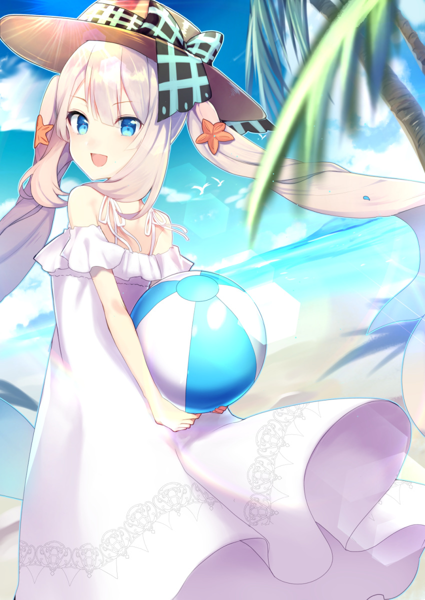 :d ameshizuku_natsuki arms_behind_back ball bangs bare_shoulders beach beachball blue_eyes blue_sky blush brown_hat cloud commentary_request day dress dutch_angle eyebrows_visible_through_hair fate/grand_order fate_(series) hair_between_eyes hat highres holding holding_ball horizon long_hair looking_at_viewer looking_to_the_side marie_antoinette_(fate/grand_order) ocean off-shoulder_dress off_shoulder open_mouth outdoors sand sidelocks sky smile solo starfish_hair_ornament sun_hat sunlight twintails very_long_hair water white_dress
