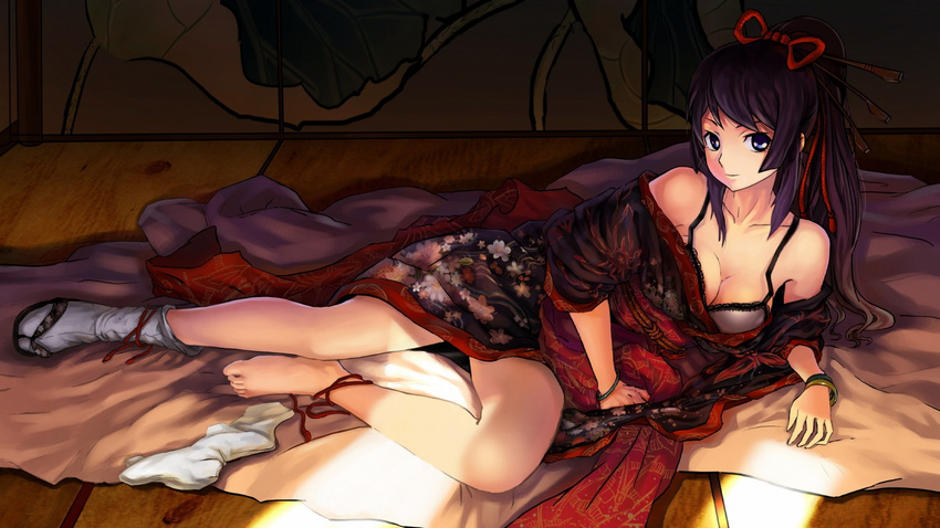 bakemonogatari bare_shoulders barefoot black_hair blue_eyes bra bracelet breasts cleavage feet hands highres japanese_clothes jewelry kimono klamp large_breasts legs lingerie long_hair lying monogatari_(series) on_side ponytail senjougahara_hitagi shoes single_shoe single_sock smile socks solo tabi underwear