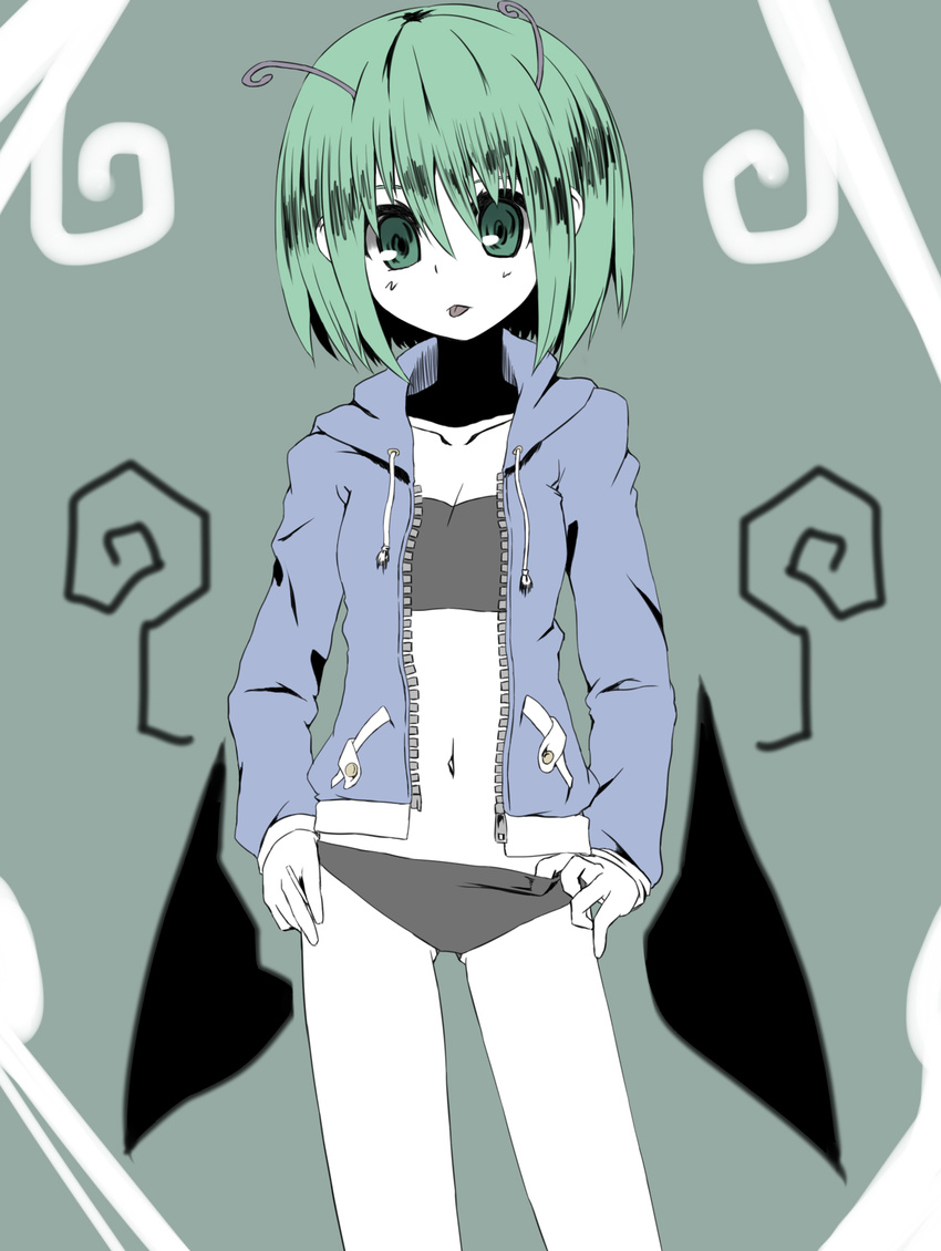 antennae bad_id bad_pixiv_id bikini cape green_eyes green_hair hands_on_hips highres jacket looking_at_viewer navel short_hair simple_background solo swimsuit tongue touhou urimono wriggle_nightbug