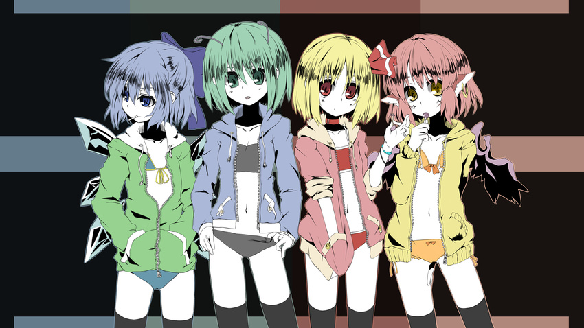 antennae bad_id bad_pixiv_id bikini black_legwear blonde_hair blue_eyes blue_hair bracelet brown_eyes candy cirno earrings food front-tie_top green_eyes green_hair hands_in_pockets hands_on_hips highres hoop_earrings jacket jacket_over_swimsuit jewelry lollipop looking_at_viewer looking_away multiple_girls mystia_lorelei pink_hair red_eyes ring rumia short_hair single_earring sleeves_rolled_up swimsuit team_9 thighhighs tongue touhou urimono wings wriggle_nightbug zipper