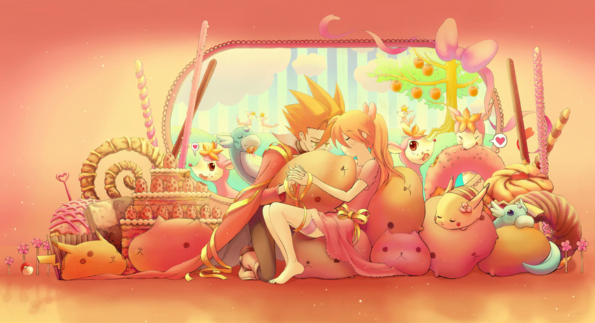 1girl apple barefoot blonde_hair boots bow cake cape chuchu_(pokemon) closed_eyes cloud cookie couple cupcake deerling doughnut dratini dress eating flower food fruit gen_1_pokemon gen_5_pokemon hair_ornament heart hetero highres holding_hands interlocked_fingers kneeling lace long_hair orange_hair pikachu pink_background pocky poke_ball pokemon pokemon_(creature) pokemon_special ponytail raatan ribbon sitting smile strawberry stuffed_animal stuffed_toy tree wataru_(pokemon) yellow_(pokemon) yellow_eyes