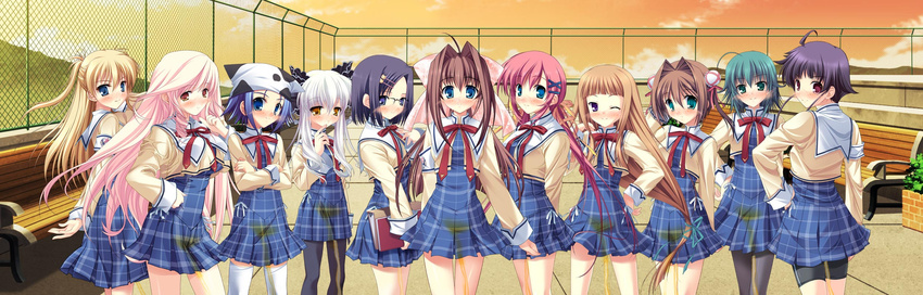 11_girls 11girls bad_photoshop black_legwear blonde_hair blue_eyes blue_hair blush book bow breasts brown_hair glasses gold_eyes green_eyes green_hair hair_bows hair_ribbons hat large_breasts long_hair multiple_girls peeing photoshop pink_hair purple_eyes red_eyes red_hair ribbon school_uniforms short_hair silver_hair small_breasts very_long_hair wetting white_hair white_legwear yellow_eyes