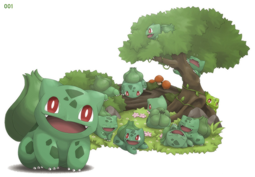 alternate_color bulbasaur ditb flower grass mushroom no_humans pokemon red_eyes shiny_pokemon tree vine vines