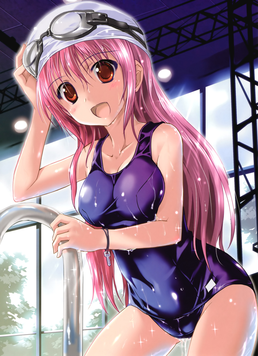 absurdres breasts brown_eyes character_request goggles goggles_on_headwear highres komatsu_eiji long_hair medium_breasts one-piece_swimsuit open_mouth original pink_hair scan school_swimsuit shiny shiny_clothes smile solo swim_cap swimsuit wet