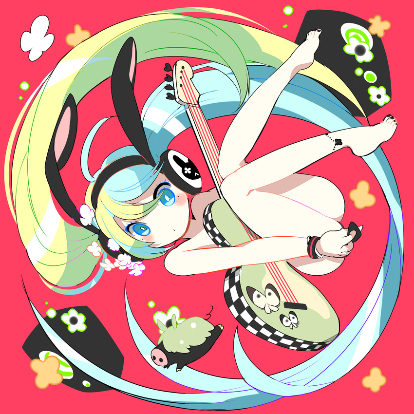 absurdres animal_ears anklet aqua_eyes aqua_hair barefoot bunny_ears fake_animal_ears gin_(oyoyo) green_hair hatsune_miku highres jewelry kemonomimi_mode long_hair looking_at_viewer nude open_mouth pig solo twintails very_long_hair vocaloid