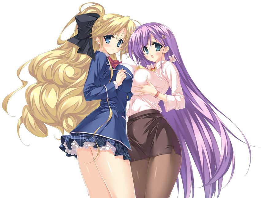 asa_made_jugyou_chu! blonde_hair blue_eyes blush bow breast_press breasts hair_bow hair_ornament kakinozaka_ayana large_breasts long_hair multiple_girls munyuu open_mouth pantyhose patricia_benpouin purple_hair symmetrical_docking very_long_hair