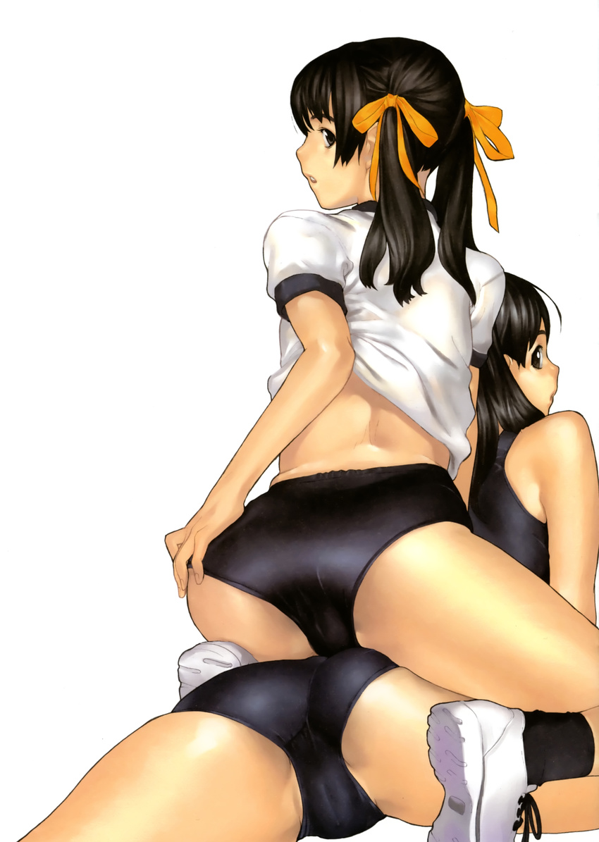 absurdres ass back bare_shoulders black_eyes black_hair black_legwear buruma cameltoe from_behind gym_uniform hair_ribbon hakua_ugetsu highres looking_at_viewer looking_back lying multiple_girls on_side original parted_lips ribbon school_swimsuit shirt_lift shoes simple_background sneakers straddling swimsuit trefoil twintails white_background