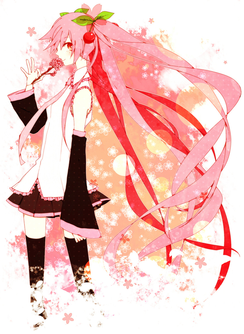 bad_id bad_pixiv_id cherry cherry_blossoms detached_sleeves food fruit hatsune_miku highres long_hair looking_at_viewer necktie object_namesake pink_eyes pink_hair profile sakura_miku skirt smile solo sss3 thighhighs twintails very_long_hair vocaloid