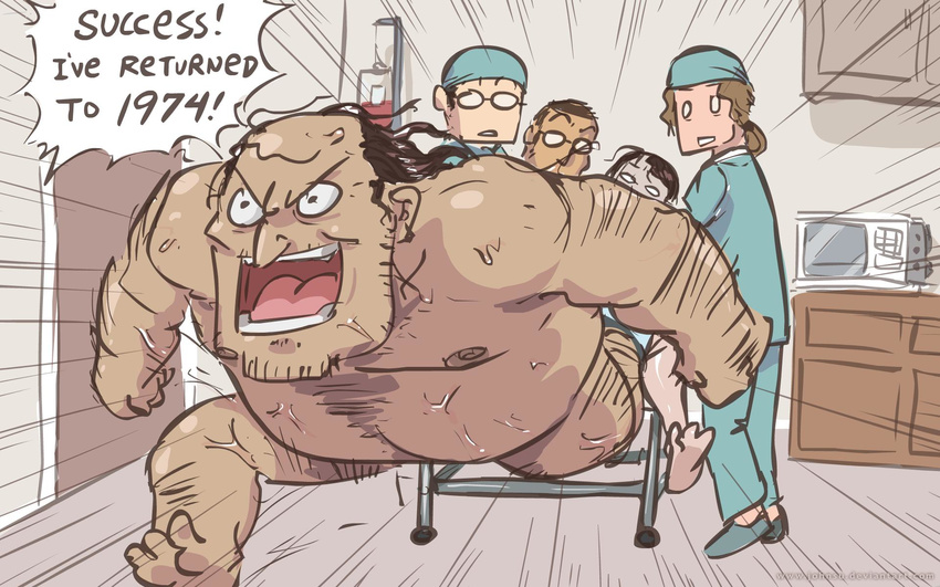 4boys :d birth doctor english facial_hair fat fat_man gurney highres hospital john_su md5_mismatch multiple_boys nude open_mouth original smile time_paradox time_travel v-shaped_eyebrows what