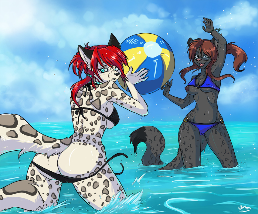 blue_eyes breasts brown_hair butt clothed clothing eyewear feline female fluffy_tail glasses hair leopard long_hair mammal mingchee nipples ocean red_hair sea skimpy swimsuit wardrobe_malfunction water whiskers