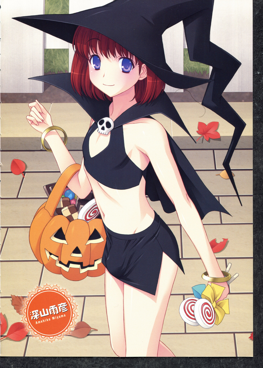 1boy absurdres blue_eyes bracelet bulge candy cape halloween hat highres jack-o'-lantern jack-o-lantern jewelry leaf lollipop male male_focus miniskirt miyama_amehiko oto_nyan pumpkin red_hair short_hair skirt skull smile solo trap witch witch_hat