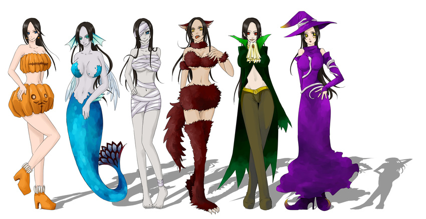 1girl black_hair blue_eyes boa_hancock breasts earrings highres invisible_woman jewelry k_kuroto large_breasts mermaid monster_girl multiple_persona mummy one_piece pumpkin red_eyes vampire werewolf witch yellow_eyes