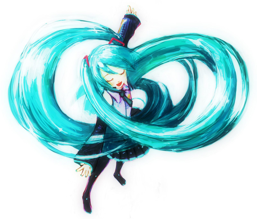 boots closed_eyes dancing detached_sleeves feral_lemma green_hair hatsune_miku headphones highres long_hair nail_polish simple_background solo standing thigh_boots thighhighs twintails vocaloid