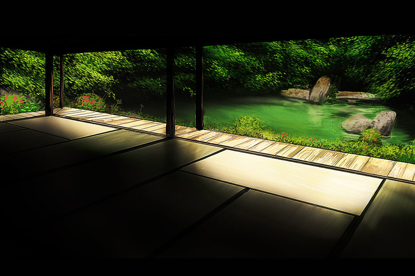 flower forest garden koromoya_kai light nature no_humans pond scenery shadow tatami tree water