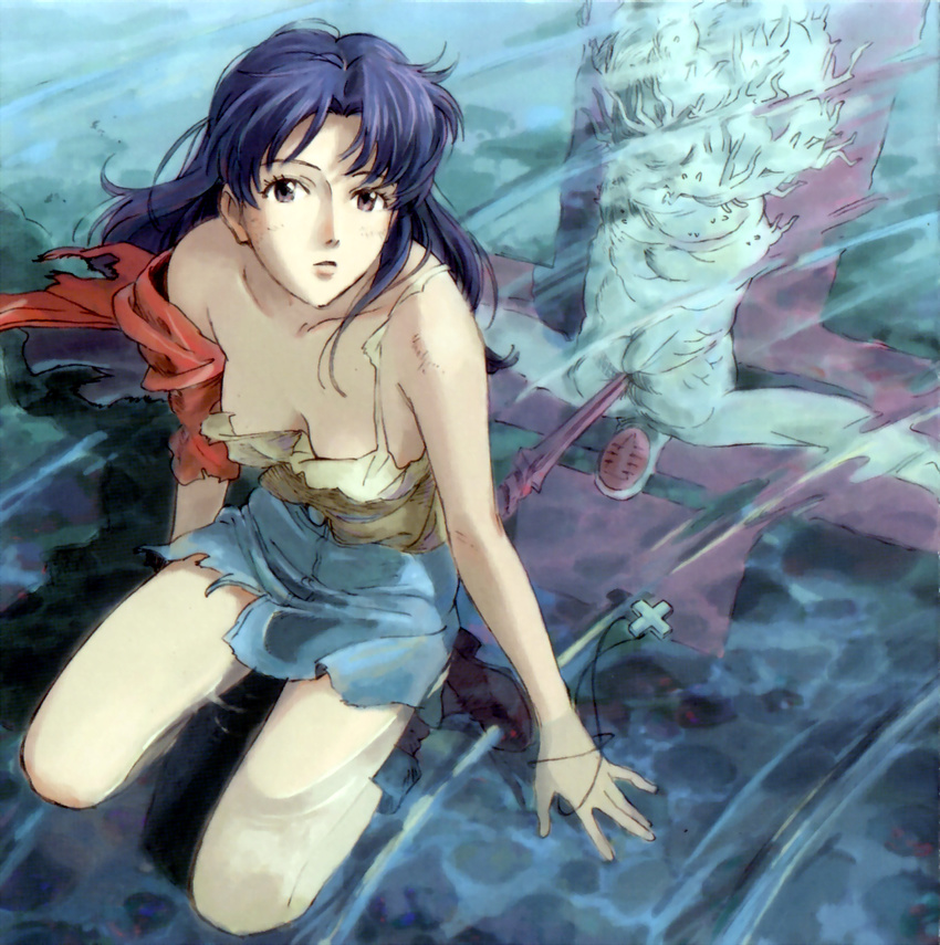 angel_(evangelion) ankle_boots arm_support bangs bare_shoulders blue_hair boots breasts cleavage cross crucifixion denim denim_skirt downblouse from_above greek_cross highres hiramatsu_tadashi jacket jewelry katsuragi_misato kneeling lance_of_longinus lilith_(evangelion) long_hair looking_at_viewer medium_breasts miniskirt necklace neon_genesis_evangelion no_bra off_shoulder official_art open_mouth outdoors parted_bangs partially_submerged platform_footwear platform_heels purple_eyes reflection seiza sidelocks sitting skirt spread_legs tank_top torn_clothes water