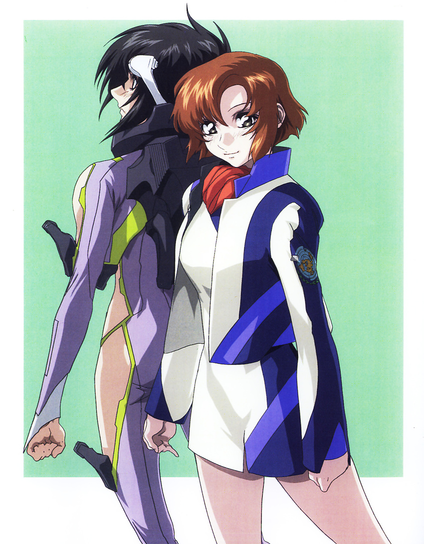 1girl arm_cutout black_hair blush bodysuit headgear highres hirai_hisashi long_sleeves looking_at_viewer makabe_kazuki official_art orange_hair pilot_suit scan short_hair side_cutout skirt smile soukyuu_no_fafner synergetic_suit toomi_maya uniform