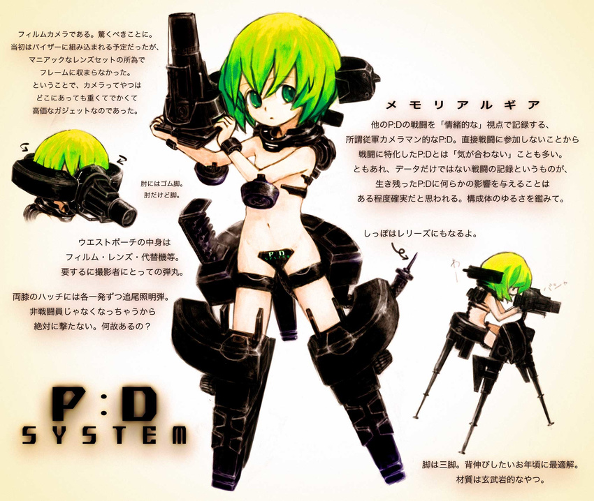 feral_lemma green_eyes green_hair highres mecha_musume multiple_views original revealing_clothes