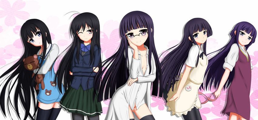 accel_world apron black_hair blue_eyes color_connection crossover daisy_(working!!) dress_shirt glasses gundam gundam_age hair_color_connection highres hime_cut inu_x_boku_ss kami-sama_no_memo-chou kuroyukihime long_hair look-alike multiple_crossover multiple_girls no_panties pantyhose purple_hair shionji_yuuko shirakiin_ririchiyo shirt stuffed_animal stuffed_toy teddy_bear thighhighs tom-ani working!! yamada_aoi yurin_leciel