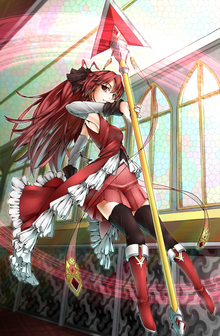 black_legwear boots breasts fang frills grin hair_ribbon highres hullzion long_hair magic_circle magical_girl mahou_shoujo_madoka_magica medium_breasts pleated_skirt polearm ponytail red_eyes red_hair ribbon sakura_kyouko skirt smile solo spear stained_glass thighhighs weapon