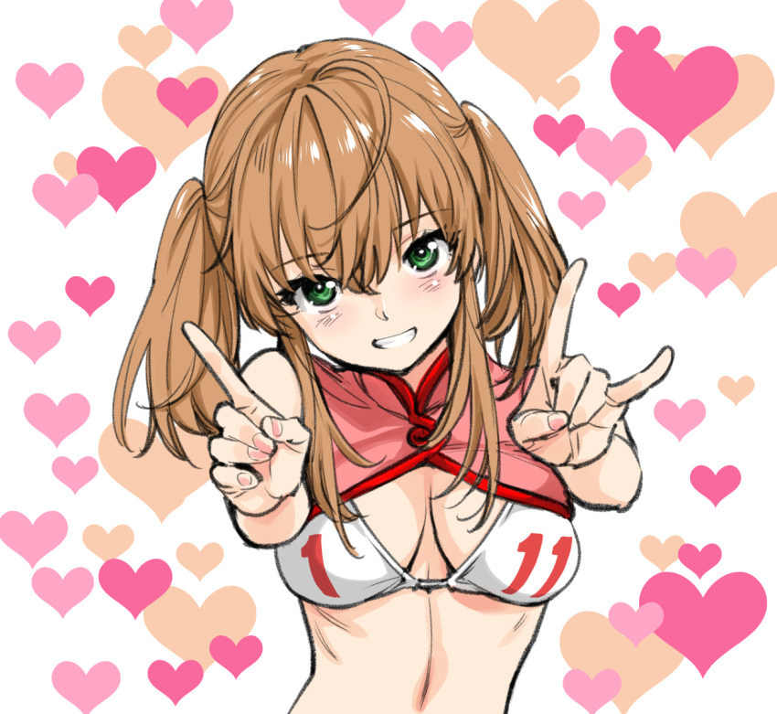 1girl alternate_hairstyle azusagawa_tsukino blush breasts commentary_request eyebrows_visible_through_hair green_eyes grin hair_between_eyes hand_gesture hassystants head_tilt heart heart_background highres index_finger_raised long_hair looking_at_viewer medium_breasts number sketch smile solo twintails upper_body white_background white_bikini_top yakitate!!_japan