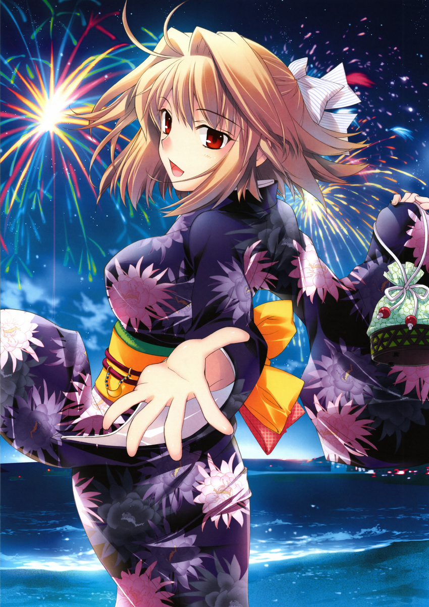 absurdres aerial_fireworks arcueid_brunestud blonde_hair breasts fireworks floral_print fujima_takuya hair_ribbon highres japanese_clothes kimono kinchaku medium_breasts obi open_mouth outstretched_hand pouch red_eyes ribbon sash scan short_hair smile solo tsukihime