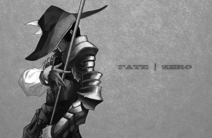 armor bad_id bad_pixiv_id copyright_name fate/zero fate_(series) grey_background greyscale hat lancer_class_(fate/stay_night) male_focus monochrome polearm solo spear weapon zhecanghai